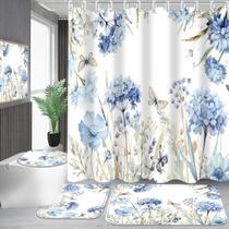 Conjunto de cortinas de chuveiro Pretyw Blue Floral com tapetes de 4 peças Conjunto de cortinas de chuveiro Pretyw Blue Floral com tapetes de 4 peças