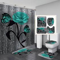 Conjunto de cortinas de chuveiro Teal Rose Floral Butterfly Waterproof