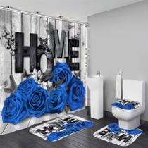 Conjunto de cortinas de chuveiro Yddsky Blue Rose com tapetes e ganchos antiderrapantes