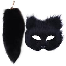Conjunto de cosplay Porgeel Therian Mask Cat com chaveiro de rabo de raposa de 40 cm