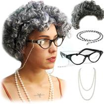 Conjunto de cosplay Vibe Old Lady, peruca de cabelo grisalho com colar e óculos Conjunto de cosplay Vibe Old Lady, peruca de cabelo grisalho com colar e óculos