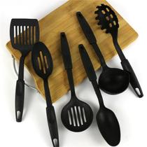 Conjunto de Cozinha 6 peças de Nylon Colher Concha Escumadeira Espátula Pegadores Preto