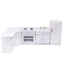 Conjunto de cozinha Dollhouse em miniatura de madeira branca em escala 1:12 Conjunto de cozinha Dollhouse em miniatura de madeira branca em escala 1:12