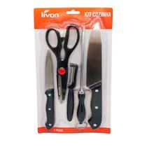 Conjunto de Cozinha Facas Tesoura Descascador Amolador Inox com Cabo Preto 5 peças Conjunto de Cozinha Facas Tesoura Descascador Amolador Inox com Cabo Preto 5 peças