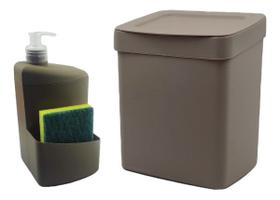 Conjunto De Cozinha Lixeira 2,5 Litros Dispenser Porta Detergente Esponja Pia Cozinha Cinza - Utility