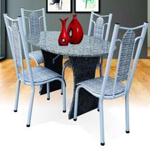 Conjunto de Cozinha Mesa Tampo em Granito Oval Paris 4 Cadeiras Aço Coelho Branco Martelado / Branco Circular