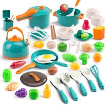 Conjunto de cozinha Pretend Play Bruvoalon 56 unidades de utensílios de cozinha e frutas