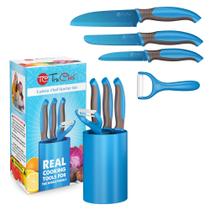 Conjunto de cozinha TruChef Kids de 5 peças com facas, descascador e suporte azul