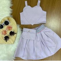 Conjunto de Cropped Coração Strass e Short Saia KUKIÊ