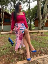 Conjunto de cropped e saia transpassada folhagem azul com pink Conjunto de cropped e saia transpassada folhagem azul com pink