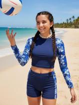 Conjunto de Cropped e Shorts Estampa de Plantas Tropicais de Manga Raglan para Adolescentes65-A