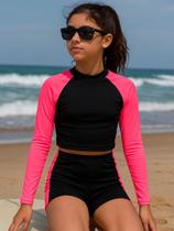 Conjunto de Cropped e Shorts Estampa de Plantas Tropicais de Manga Raglan para Adolescentes65-A