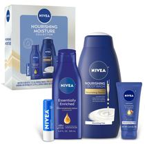 Conjunto de cuidados com a pele Nivea Nourishing Moisture Body Wash 600 mL + Loção corporal 400 mL + Creme para mãos 75 mL + protetor labial Conjunto de cuidados com a pele Nivea Nourishing Moisture Body Wash 600 mL + Loção corporal 400 mL + Creme para mãos 75 mL + protetor labial