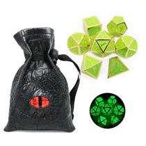 Conjunto de dados de metal Haxtec Glow in The Dark Green com bolsa D&D 7PC