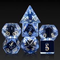 Conjunto de dados DNDND Glass Zircon de 7 peças com caixa de metal azul com ouro
