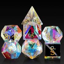 Conjunto de dados DNDND Rainbow Glass de 7 peças com estojo de metal