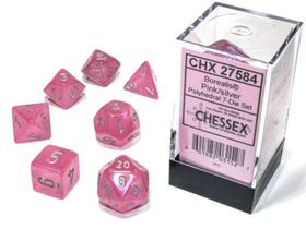 Conjunto de dados poliédricos Chessex Borealis rosa/prata com luminária Conjunto de dados poliédricos Chessex Borealis rosa/prata com luminária