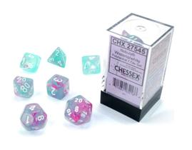 Conjunto de dados poliédricos Chessex Nebula Wisteria com luminária branca Conjunto de dados poliédricos Chessex Nebula Wisteria com luminária branca
