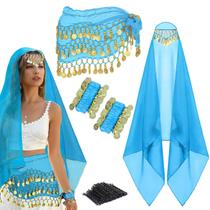 Conjunto de dança do ventre WYVAS, lenço de quadril, chiffon, pulseiras de pulso, azul