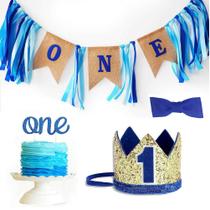 Conjunto de decoração de aniversário Burlap High Chair Banner Crown Tie Conjunto de decoração de aniversário Burlap High Chair Banner Crown Tie