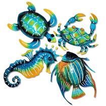 Conjunto de decoração de arte de parede Metal Outdoor Blue Turtle Fish Crab Conjunto de decoração de arte de parede Metal Outdoor Blue Turtle Fish Crab