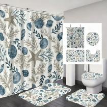 Conjunto de decoração de banheiro, cortina de chuveiro impermeável Ocean Seashell