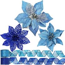 Conjunto de decoração de Natal Winlyn 26 Blue Glitter Poinsettia