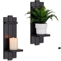 Conjunto de decoração de parede Candle Sconces com 2 walasis de madeira preta Conjunto de decoração de parede Candle Sconces com 2 walasis de madeira preta