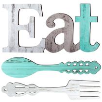 Conjunto de decoração de parede Jetec Eat Sign, garfo e colher de madeira rústica Conjunto de decoração de parede Jetec Eat Sign, garfo e colher de madeira rústica
