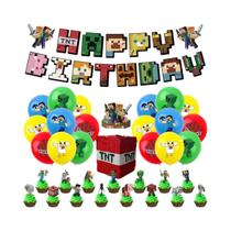 Conjunto De Decoração Para Festa De Aniversário Pixel War: Banner, Balões E Toalha De Mesa Com Tema