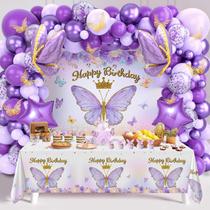 Conjunto de decorações de aniversário FengRise Butterfly Girl Purple Conjunto de decorações de aniversário FengRise Butterfly Girl Purple