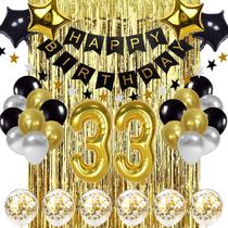 Conjunto de decorações de aniversário preto e dourado Feliz 33º aniversário Conjunto de decorações de aniversário preto e dourado Feliz 33º aniversário
