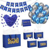 Conjunto de decorações de aniversário Soulchen 5 Senses, bolsas de presente, ouro azul Conjunto de decorações de aniversário Soulchen 5 Senses, bolsas de presente, ouro azul