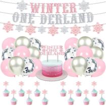 Conjunto de decorações de aniversário Winter Onederland, 30 unidades rosa e prata