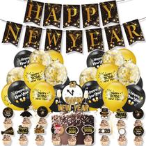 Conjunto de decorações de festa: 41 peças, tema de ouro preto e ano novo de 2026