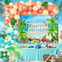 Conjunto de decorações de festa de aniversário em arco de balão com fundo de praia
