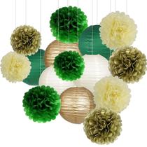Conjunto de decorações de festa, lanternas de papel dourado verde, pompons