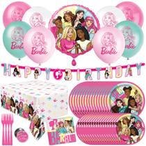 Conjunto de decorações de festa para 16 pessoas que a Barbie serve com balões e banner