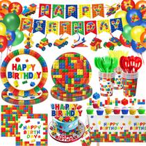 Conjunto de decorações de festa QIYANPAX Building Block Birthday 173 unidades Conjunto de decorações de festa QIYANPAX Building Block Birthday 173 unidades
