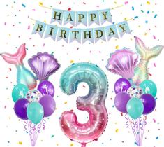 Conjunto de decorações de festa Uorbmaio Third Birthday Girl Mermaid Theme Conjunto de decorações de festa Uorbmaio Third Birthday Girl Mermaid Theme