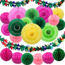 Conjunto de decorações de festa, ventilador de papel havaiano, pompons, 14 unidades