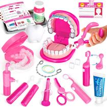 Conjunto de dentista Pretend Play ULOVEME rosa com aparelho ortodôntico e dentes removíveis