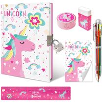 Conjunto de diário GINMLYDA Unicorn Girls com cadeado, caneta e acessórios