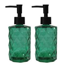 Conjunto de dispensador de sabonete de banheiro verde com bomba de plástico preto, dispensador de loção de vidro de 12 onças, dispensador de sabonete de cristal para decoração moderna, bancada de cozinha, hotel