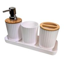 Conjunto de Dispensers para Sabonete Líquido Canelado Organizador de Banheiro em Plástico e Bambu