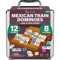 Conjunto de dominós Mexican Train Queensell com 8 suportes Double 12 Conjunto de dominós Mexican Train Queensell com 8 suportes Double 12