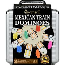 Conjunto de dominós Mexican Train Queensell Double 12 com cubo de madeira Conjunto de dominós Mexican Train Queensell Double 12 com cubo de madeira