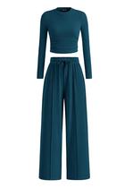 Conjunto de Dos Piezas para Mujer PRETTYGARDEN Top Corto y Pantalones de Pierna Ancha en Azul Lago S Conjunto de Dos Piezas para Mujer PRETTYGARDEN Top Corto y Pantalones de Pierna Ancha en Azul Lago S