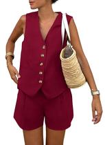 Conjunto de Dos Piezas PRETTYGARDEN Chaleco con Cuello en V y Shorts Rojo Vino Talla S