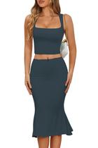 Conjunto de duas peças CHYRII feminino sem mangas, gola quadrada, azul marinho, GG Conjunto de duas peças CHYRII feminino sem mangas, gola quadrada, azul marinho, GG